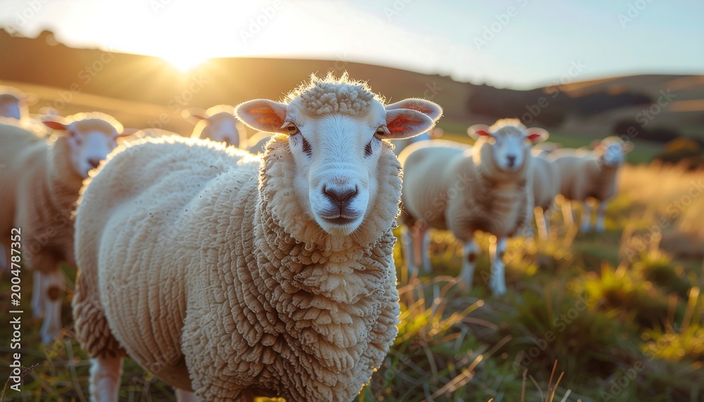 Fototapeta premium Close-up of a majestic white sheep in a sun-drenched field with its flock, embodying the reverence and tradition of Eid al-Adha celebrations