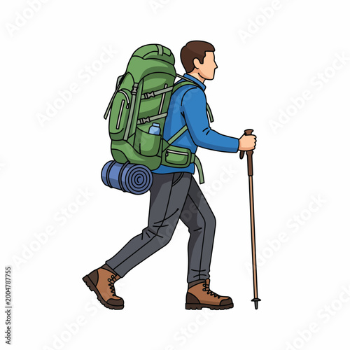 Bilde på lerret Man hiking with green backpack trekking.