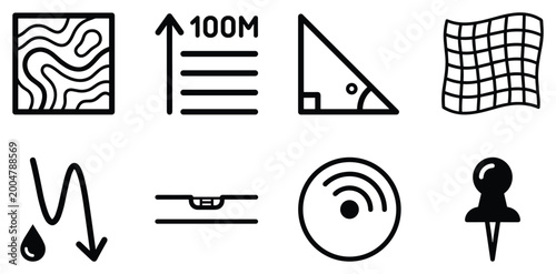 Farm and land measurement icons for topography, altitude, angles, and grid systems.