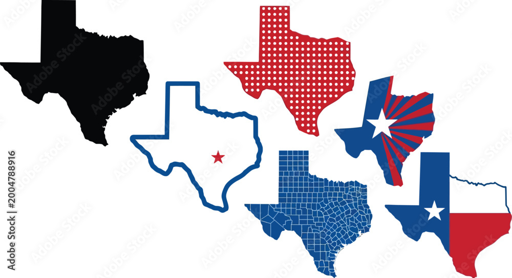 Fototapeta premium Texas state shapes appear in various artistic styles including flags, patterns, and silhouettes on a white backdrop.