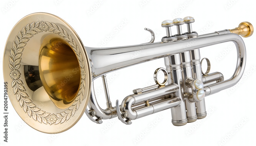 Naklejka premium Professional Silver and Gold Trumpet with Pearl Valve Buttons Isolated on White