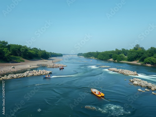 A scenic summer landscape of turquoise Mediterranean water and boats on the beach in the morning along a tropical Croatian coast with blue sky over the sand
