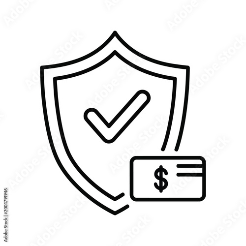 Line art icon representing secure payment with a credit card and a shield with a checkmark.