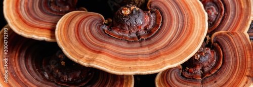 Reishi mushrooms display rich concentric brown and red rings showing organic growth patterns. These medicinal fungi are used in wellness and alternative healing practices for their natural benefits.