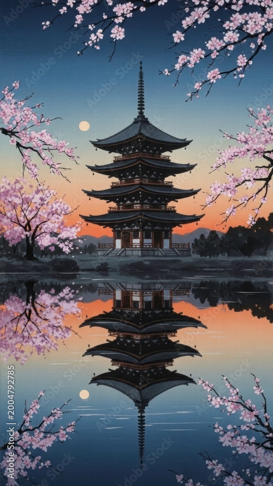 Obraz premium Japanese Pagoda at Sunset: The iconic Japanese pagoda stands in serene reflection on a tranquil lake, framed by delicate cherry blossoms under the twilight sky.