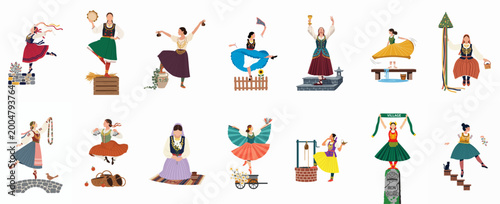 Foto Set of twelve minimalist vector illustrations featuring women in diverse European traditional folk costumes dancing and performing cultural activities