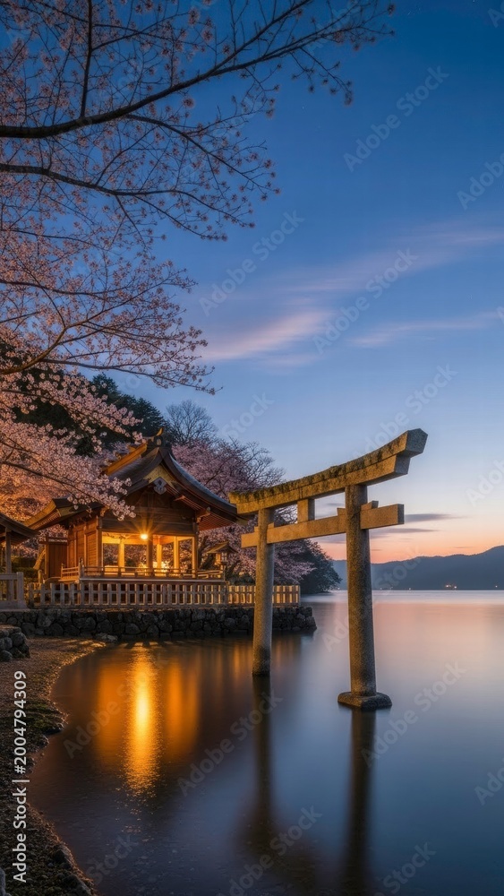 Obraz premium Japanese Shrine at Dusk: A tranquil scene unfolds as twilight paints the sky, illuminating a traditional Japanese shrine gracefully poised near calm water.