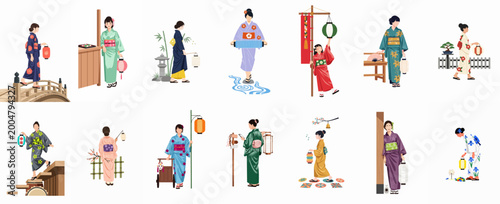 Φωτογραφία Collection of Vector Illustrations Featuring Japanese Women and Girls Wearing Co