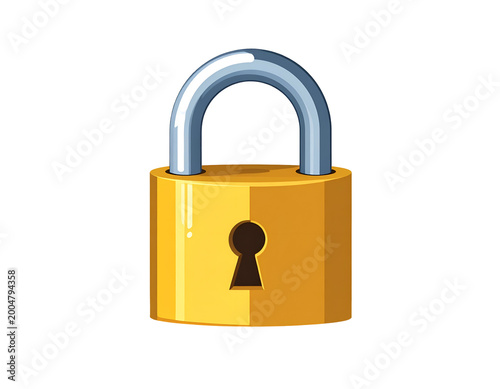 A gold padlock with a silver shackle, keyhole, and shadow on a black background