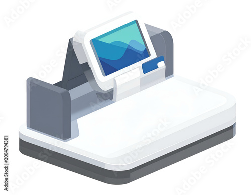 A modern, stylized machine with a screen and a print-out area, gray and white