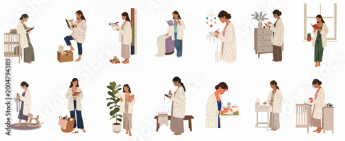 Photography Collection of illustrations showing a young mother documenting baby milestones, journaling, and reading in a cozy, minimalist home nursery setting