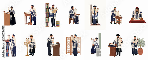 Quadro em tela A diverse collection of illustrations depicting Jewish men in traditional orthodox attire engaging in religious study, prayer, and rituals with Torah scrolls