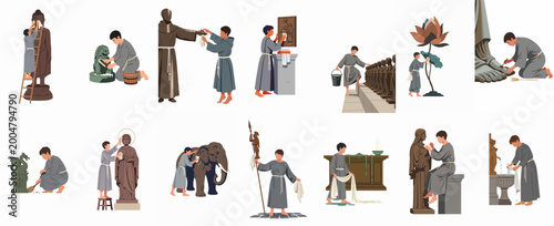 Φωτογραφία A flat vector illustration set depicting various scenes of young monks or temple workers cleaning and maintaining religious statues, artifacts, and spaces