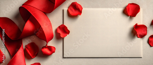Red Ribbon and Rose Petals with Blank Card on Elegant Soft Background