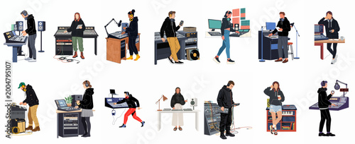Cuadro en lienzo A collection of diverse sound engineers, music producers, and DJs working with professional audio equipment in various recording studio environments