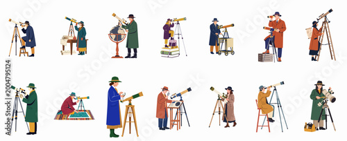 Collection of vintage astronomers in retro attire using telescopes, globes, and celestial maps for space observation and scientific exploration.