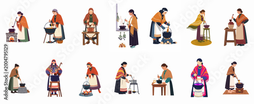 Tableau sur toile Set of flat vector illustrations featuring women in traditional folk costumes preparing food and cooking in cauldrons over fires using ancient methods