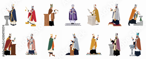 Foto Collection of Catholic bishops in various liturgical vestments performing religious rites, ceremonies, blessings, and sacraments, set of flat vector illustrations