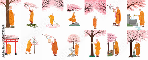Slika na platnu Set of Buddhist monk illustrations performing various mindful activities and rituals under blooming cherry blossom trees in a serene Japanese garden setting