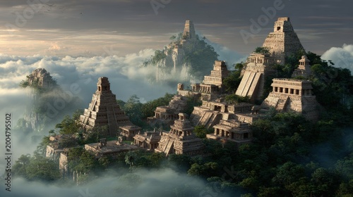 Maya Aztec civilization, Mexico culture. Mysterious, fantasy. A vivid portrayal of ancient Mayan ruins nestled amidst a dense canopy of mist.