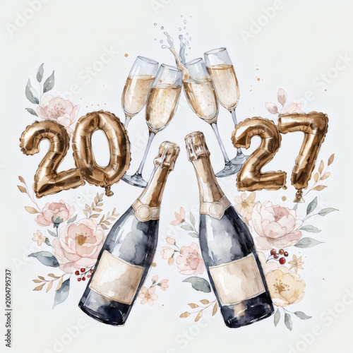 New Year 2027 Watercolor Celebration Banner with Champagne Balloons Floral Accents Elegant