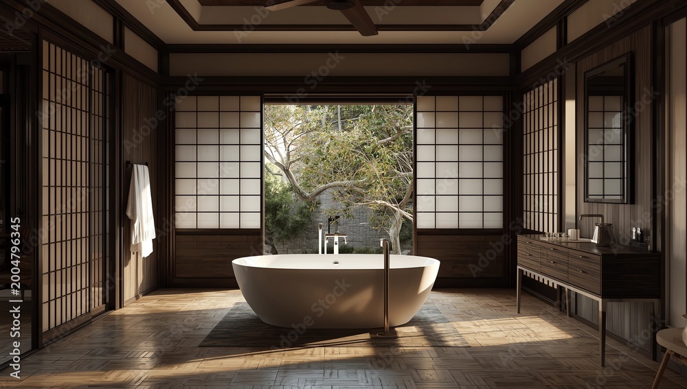 Fototapeta premium The Bath and toilet on bathroom japanese wabi sabi style .3D rendering