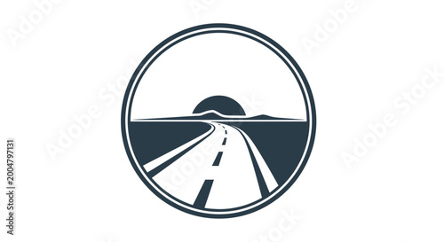 Quadro su tela Circular Road Icon: Journey to the Horizon with Mountains and Sun