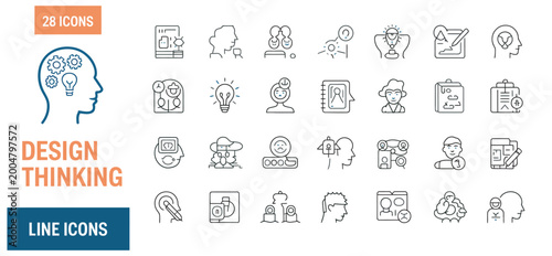 Collection of design thinking line icons for creative problem solving and innovation processes