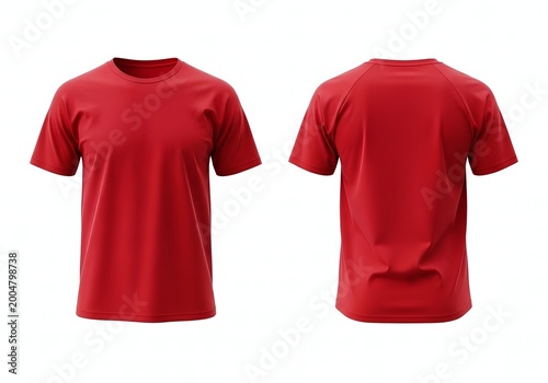 The vibrant crimson tee shirt is showcased from both the front and rear perspectives, providing a full view of its design and construction, making it an ideal visual for apparel designs