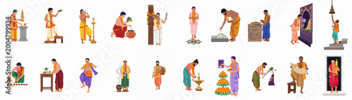 Foto Flat vector set of Indian Hindu pundits and priests performing various religious temple rituals, prayers, and traditional ceremonies on a white background