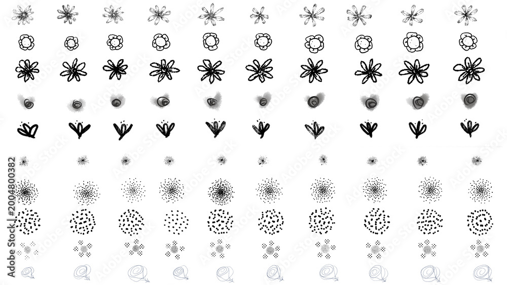 Fototapeta premium Rows of messy flower doodles, hand drawn in a loose abstract style.