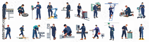 Konstfotografi Set of diverse industrial worker illustrations showing factory staff performing various tasks like maintenance, machinery operation, and quality control