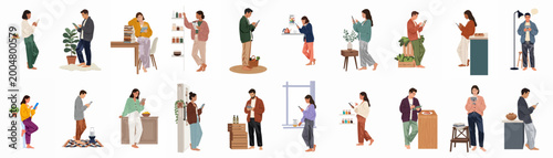 Diverse Collection of People in Casual Clothes Using Smartphones and Tablets in Home Settings, Flat Vector Illustration.