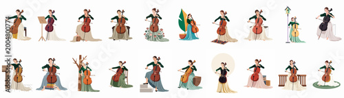 Tableau sur toile A collection of twenty elegant vector illustrations featuring a female cellist playing her instrument in various artistic poses and settings