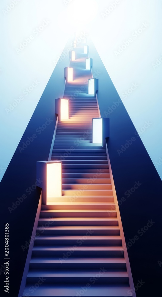 Fototapeta premium An infinite sequence of minimalist stairs rises toward a bright horizon, featuring glowing open doors and ample negative space for text, growth, clean, up