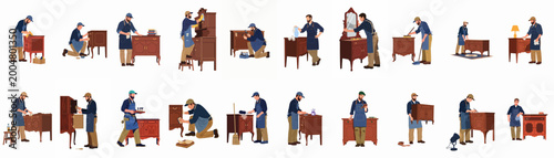 Foto Set of professional craftsmen restoring and cleaning antique wooden furniture, featuring dressers, cabinets, and various woodworking tools in a flat vector style