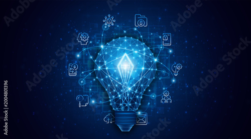 An innovative and creative light bulb concept incorporating advanced smart digital technology and business icons representing creative technology and global connectivity in the digital age.