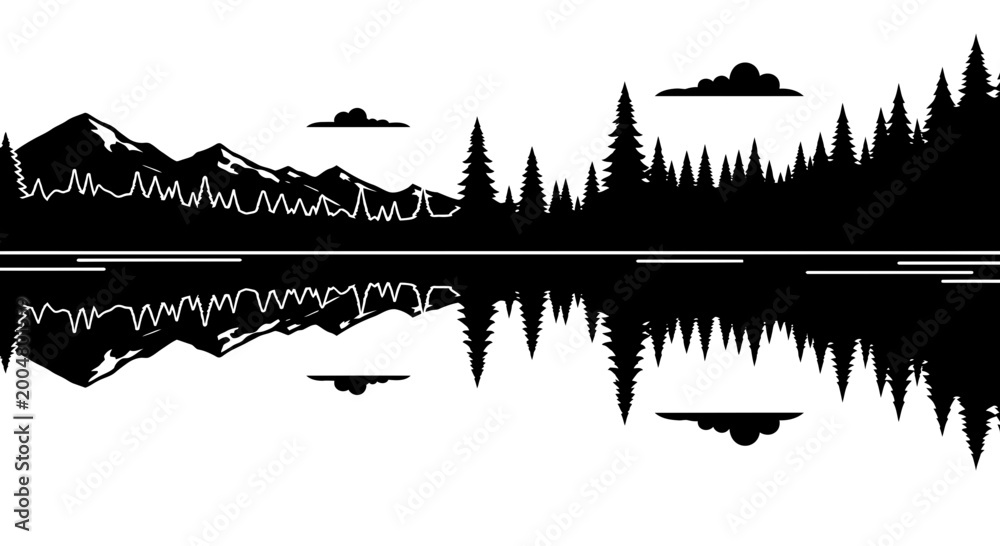 Obraz premium Black and white landscape silhouette mountains forest and reflection