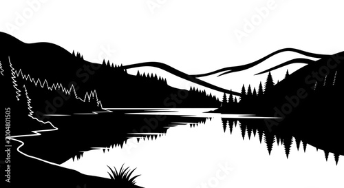 Black and white landscape illustration of mountains trees and a lake