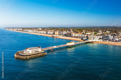 Worthing Pier and seaside from a drone, Worthing, West Sussex, England