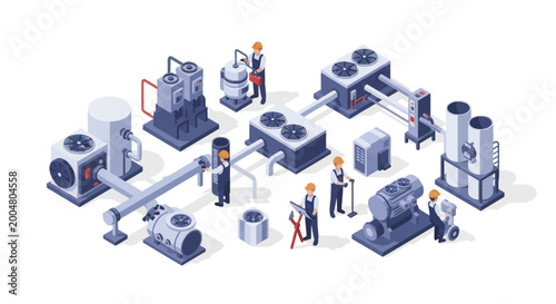 Industrial HVAC equipment and workers isometric illustration.