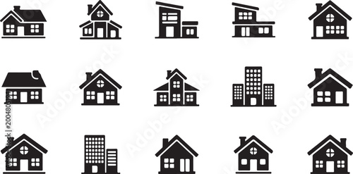 Set of various house and building silhouettes on white background