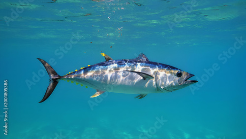 Yellowfin Tuna Swimming in Clear Blue Underwater Ocean Environment