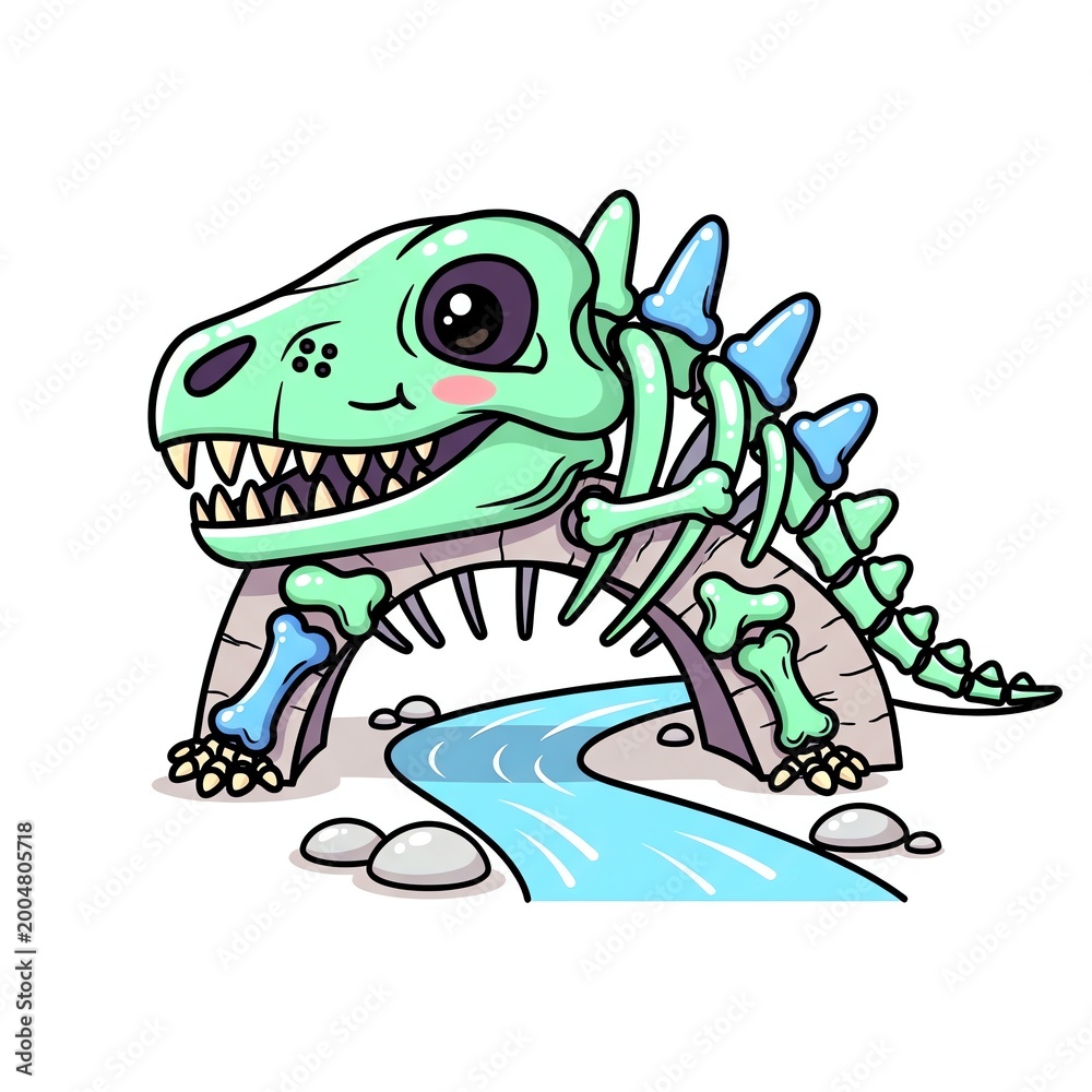 Fototapeta premium Cute Dinosaur Skeleton Bridge Over River Cartoon.