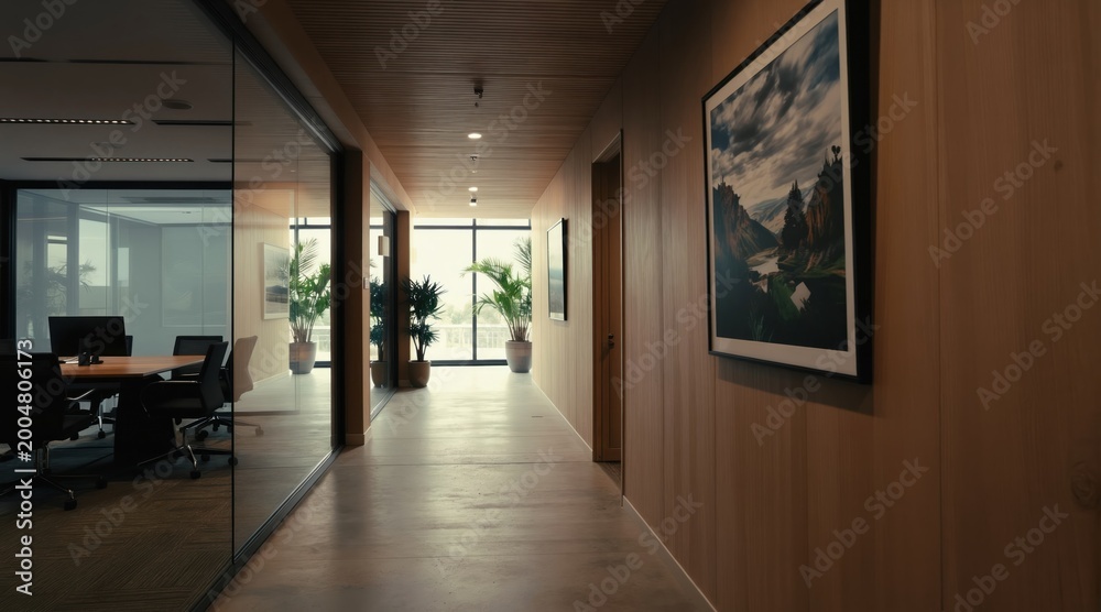 Fototapeta premium Modern office hallway with glass walls, wood paneling. Natural light streams in from large windows, illuminating potted plants, artwork. Meeting rooms, open workspaces are visible through glass.