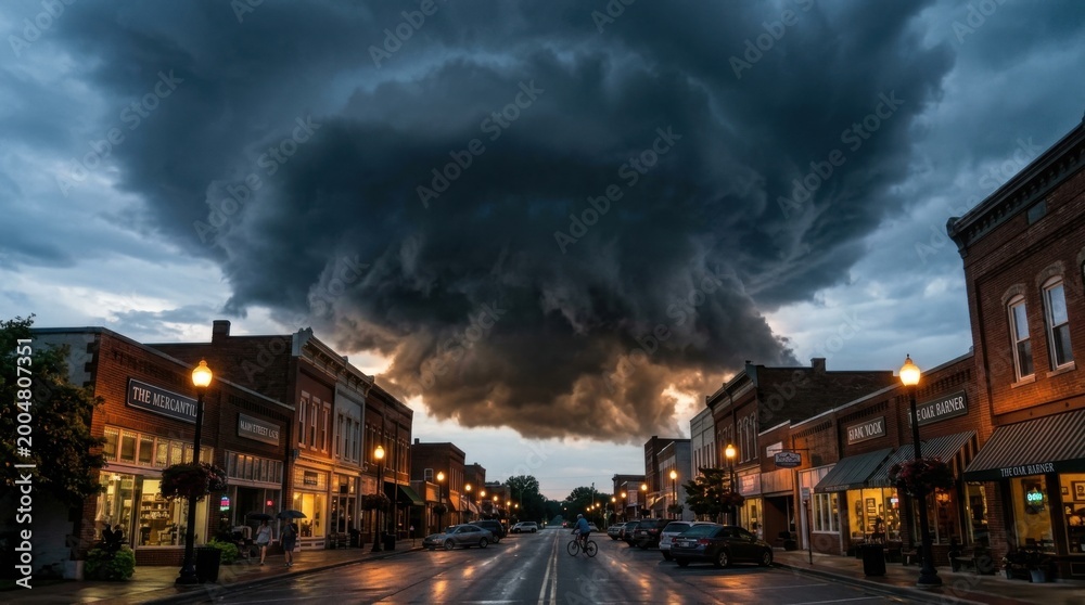 Naklejka premium Dramatic storm clouds loom over a small town street at dusk.