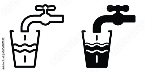 Bild auf Leinwand Drinking water icon set faucet with water flowing into glass outline and filled