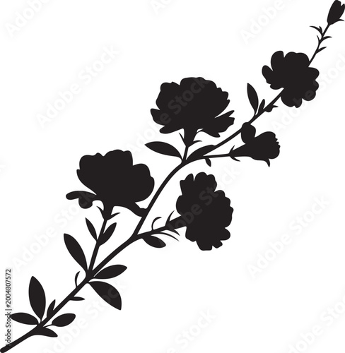 Black silhouette of a blooming flower branch with petals and leaves