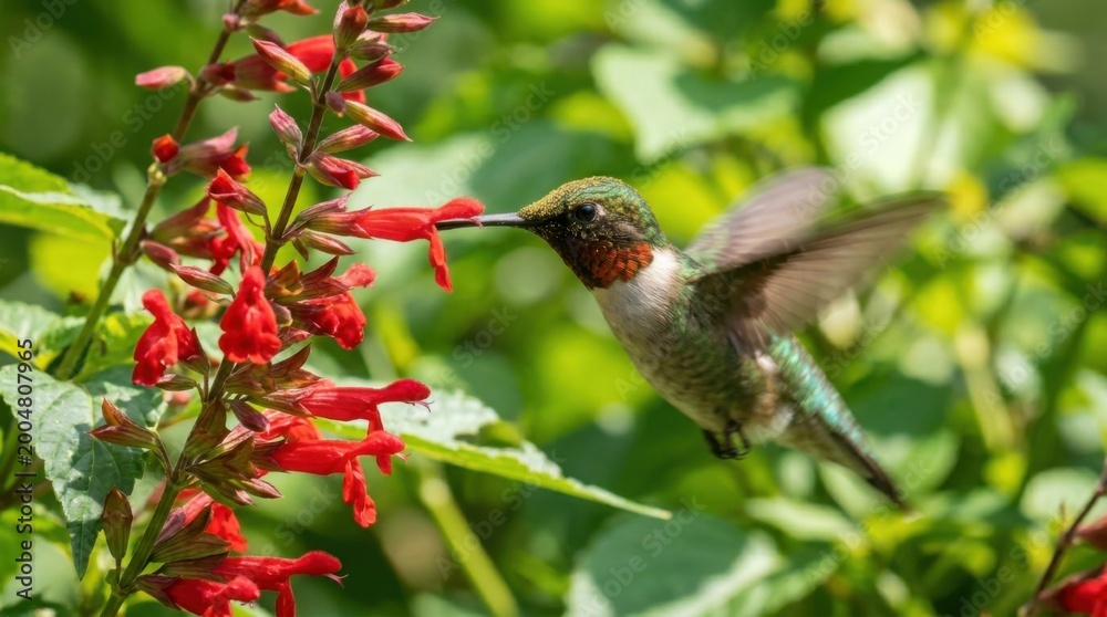 Fototapeta premium Hummingbird feeding on red flowers in a vibrant garden scene.