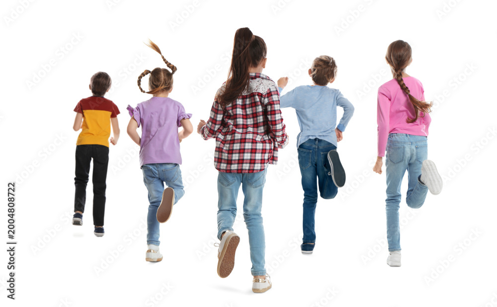 Obraz premium Group of children running on white background, back view